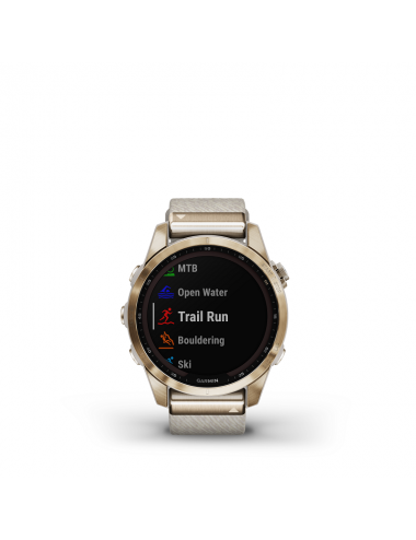 Garmin -Garmin Fénix 7S – Sapphire Solar Edition, Zafiro Solar Blanco Gris Titanio Nylon Light Gold -010-02539-39